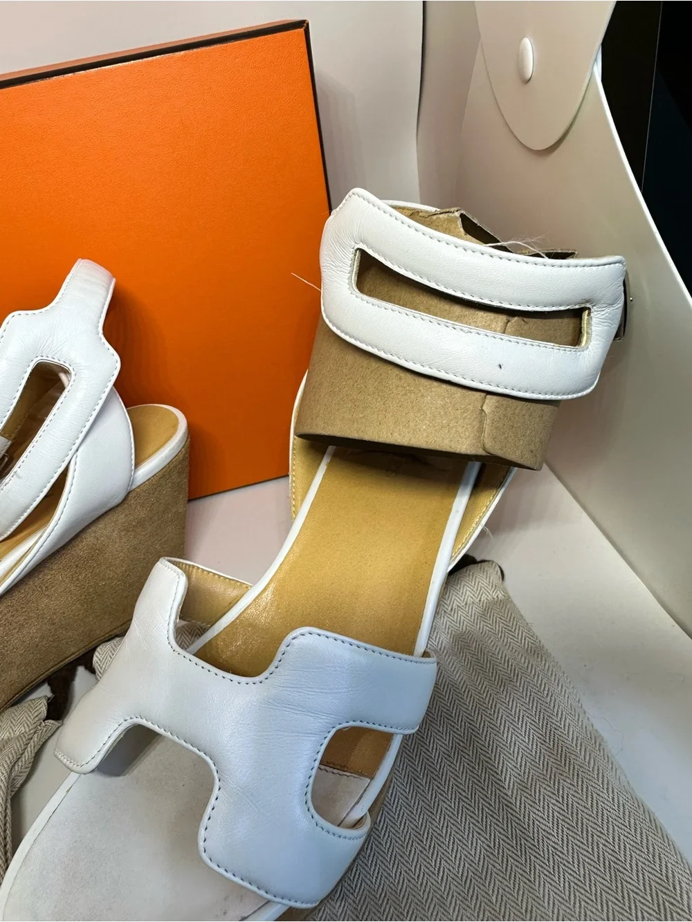 Hermes White Leather Platform Sandals
